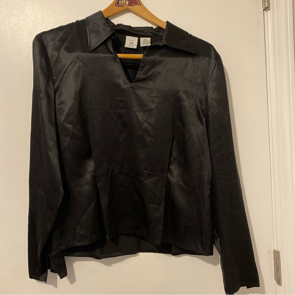Armani Exchange Black Silk Blouse with Label Detail